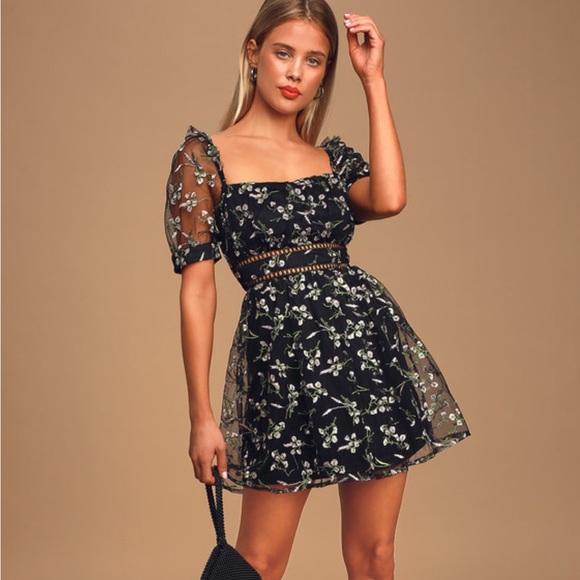 Lulus Dresses & Skirts - Black Floral Embroidered Short Sleeve Skater Dress